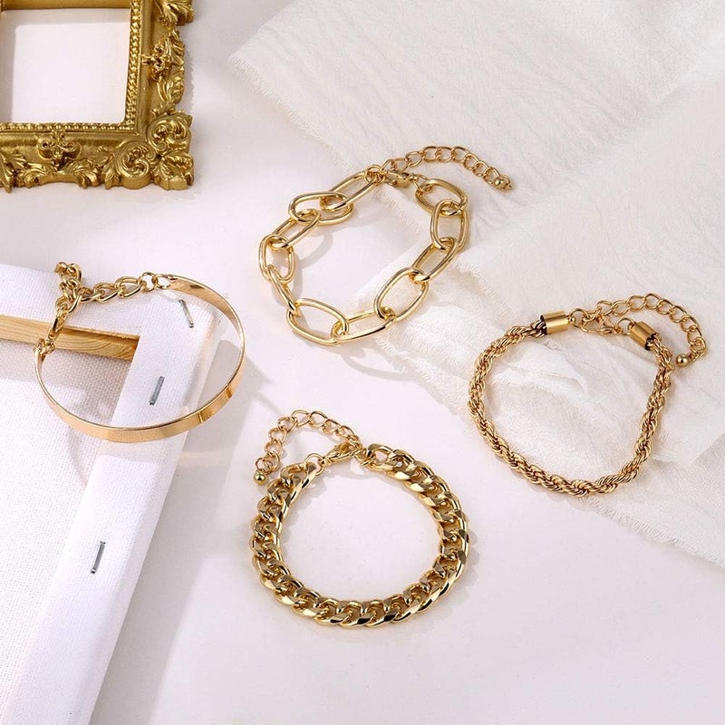 IFKM Gold Bracelets for Women, 14K Gold Plated Dainty Layered Chain Bracelets Adjustable Cute Bangle Link Bracelet Set - Image 2